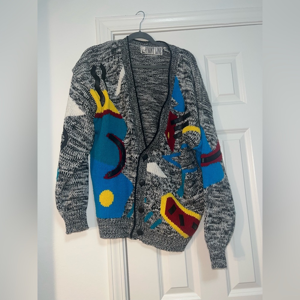 Vintage 1980's Frontline geometric cardigan sweater sz large RARE